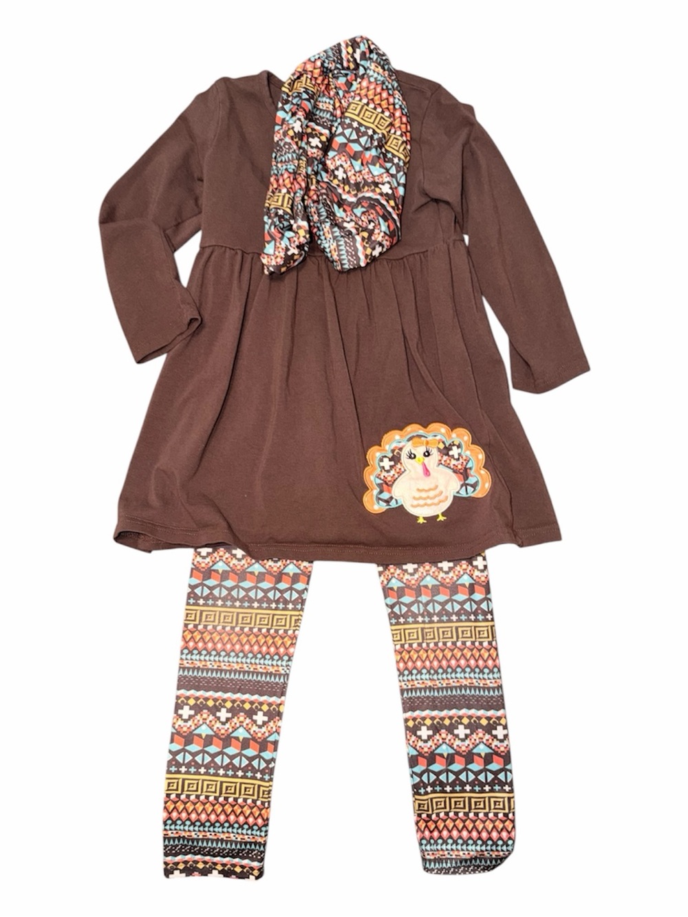 Girls Brown Turkey Tunic with Patterned Leggings & Scarf